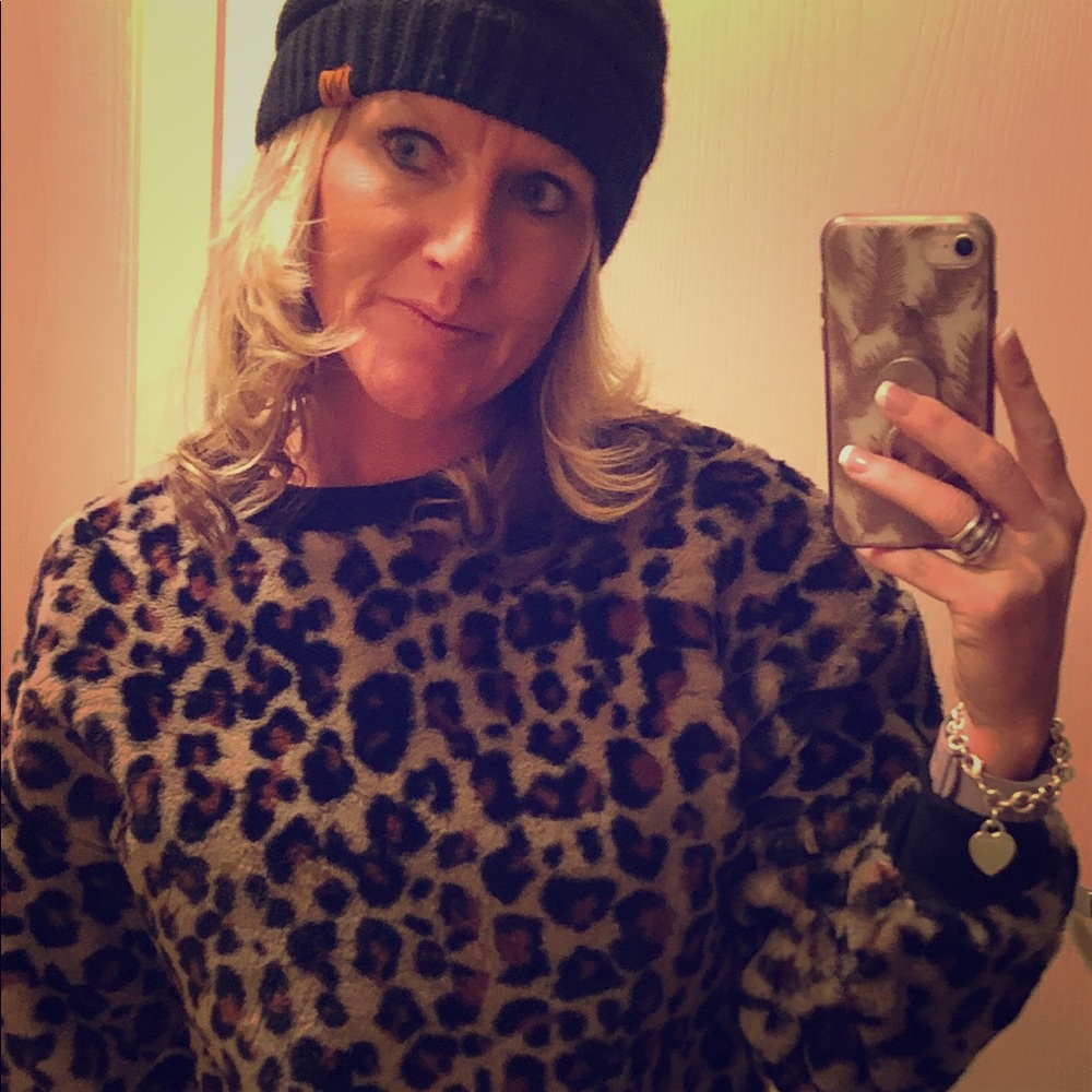 Fuzzy animal print midi sweater